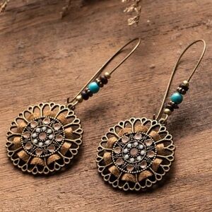 Boho Metal Hollow Carved Beaded Drop Earrings